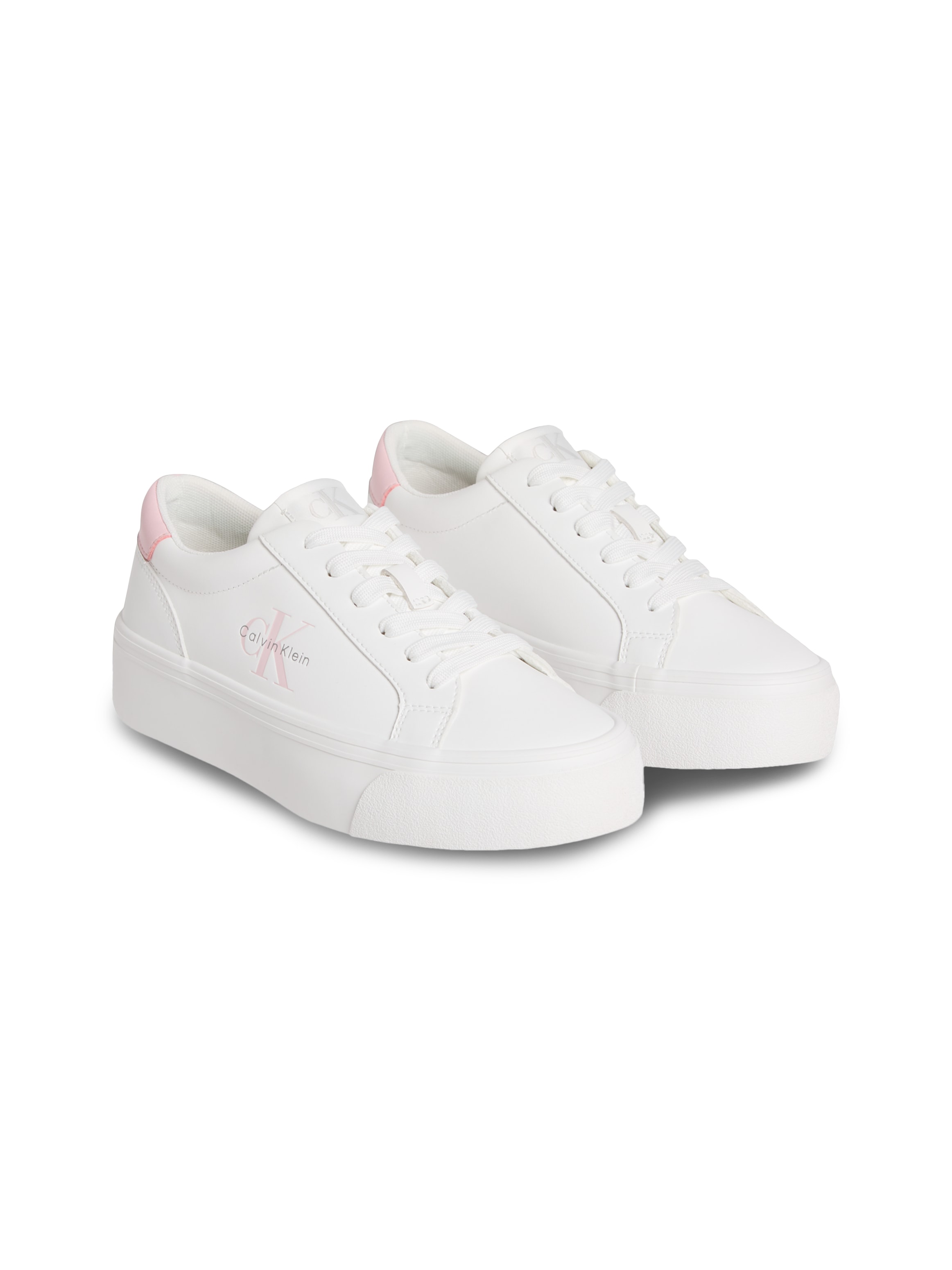 Plateausneaker CALVIN KLEIN JEANS "VULC FLATF LTH LOGO TAG", Damen, Gr. 40, rosa (weiß, rose), Leder, unifarben mit Farbeinsatz, Schuhe Plateausneaker, Schnürschuh, Halbschuh, Freizeitsneaker mit softem Schaftrand