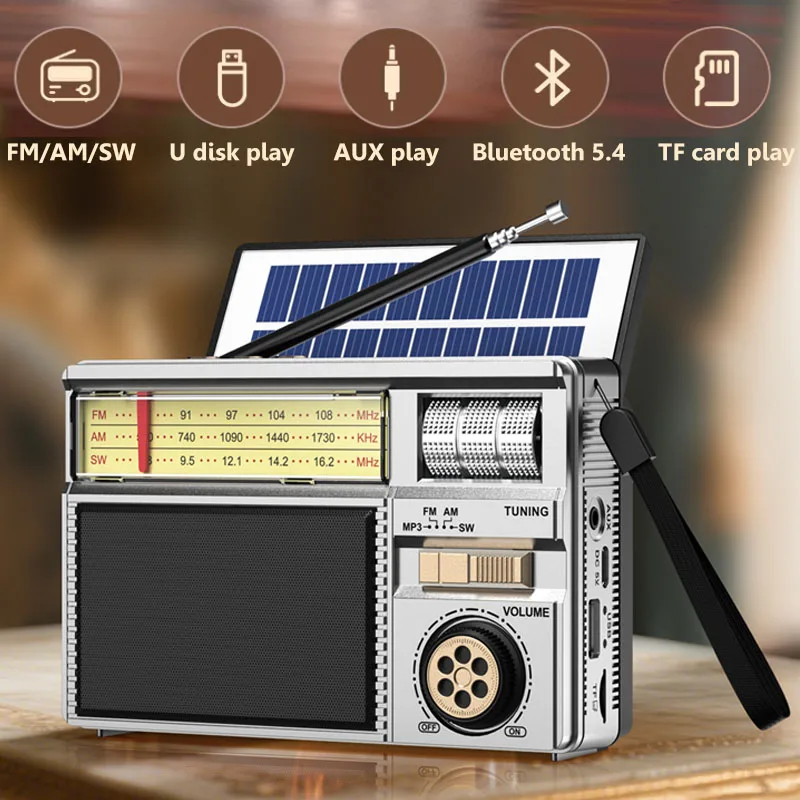 Tragbares Retro-DSP-Radio, klassisches Vintage-Solarladegerät, FM AM SW-Radio, wiederaufladbar, Bluetooth 5.4-Lautsprecher, unterstützt TF-Karte, USB-AUX Image