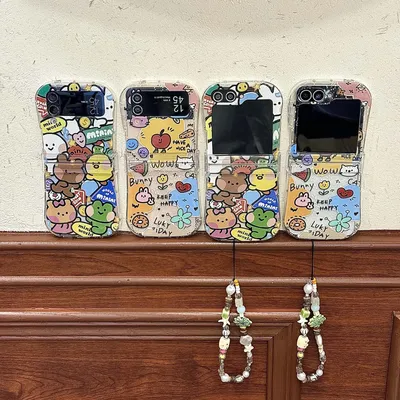 Mit exquisitem Lanyard für Samsung Galaxy Z Flip 5 6, kleiner Taillenstil, Doodle Bear Kitty Handyhülle für Samsung Galaxy Z Flip 3 4