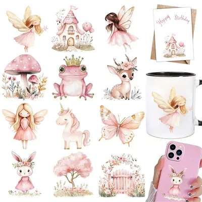 12pcs Pink Woodland Fairy Animals DIY UV DTF Cup Wrap Transfer Sticker Glass Coffee Mugs Greeting Cards School Craft Party Decor
