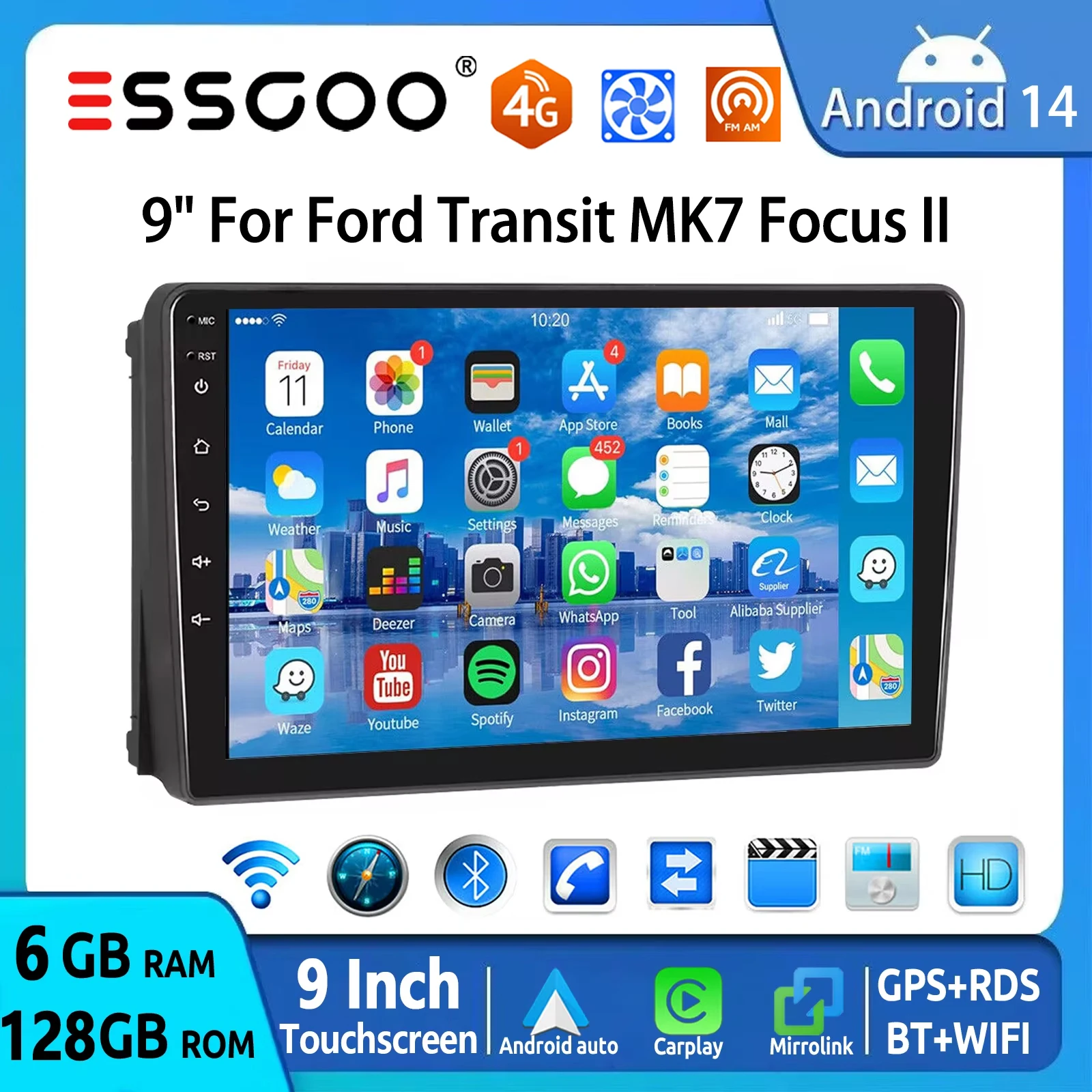 ESSGOO Autoradio Android 14 9" 6+128GB 4G per Ford Focus MK2 Transit MK7 Kuga S-Max, CarPlay wireless, Android Auto, GPS, Navigazione, WiFi, FM, AM, RDS, Lettore Video Multimediale