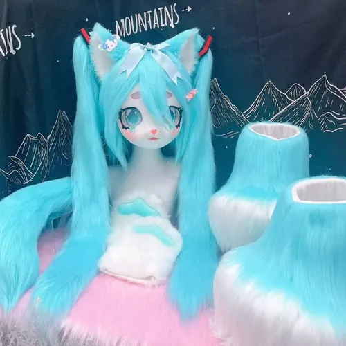 Adultes enfants Anime Fursuit Kigurumi fourrure Cosplay Costume bleu cheveux tête patte queue chaussures Comiket Furries poupée Kig masque mignon