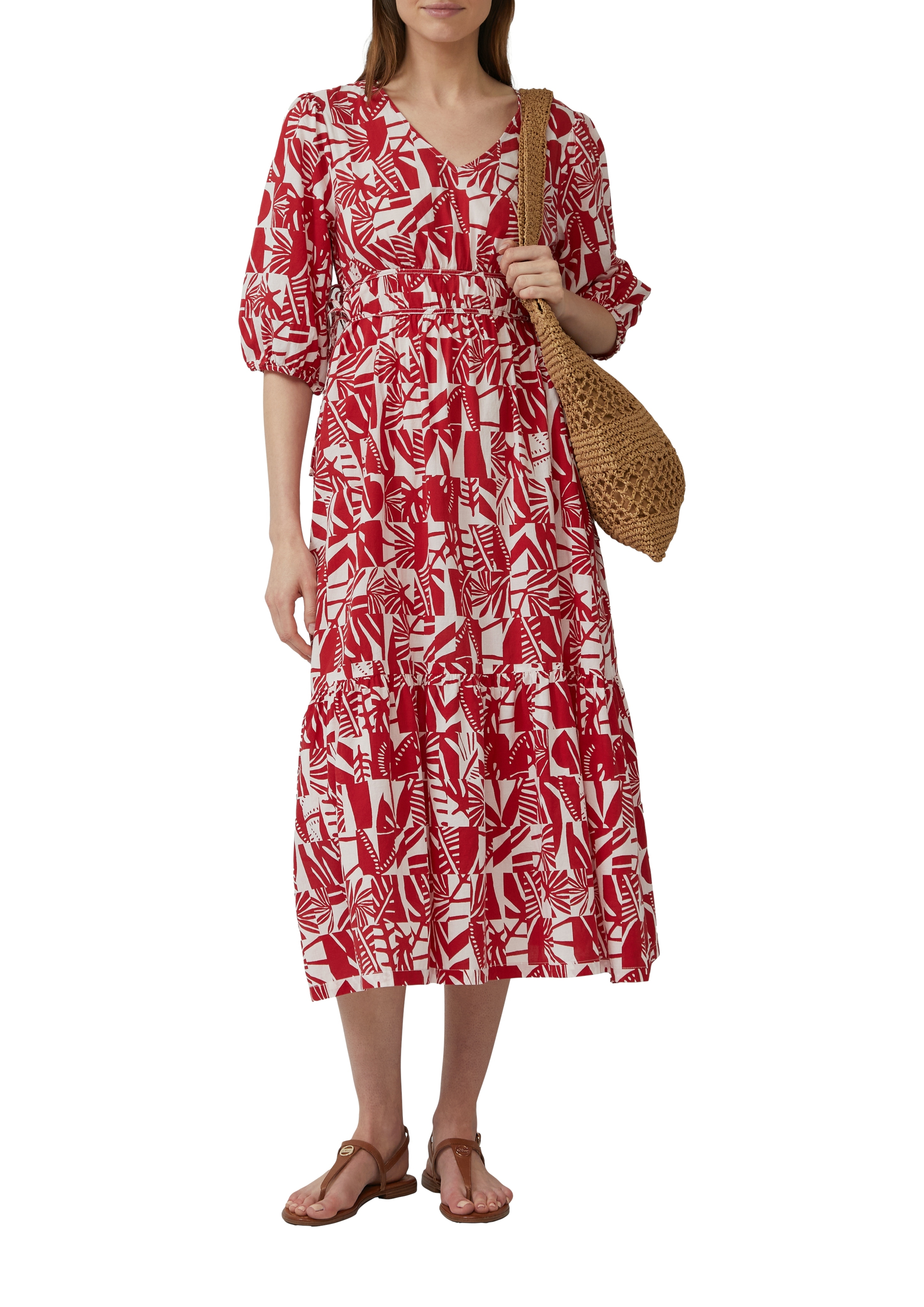 Sommerkleid S.OLIVER, Damen, Gr. 44, N-Gr, chilli pepper aop, Web, Obermaterial: 100% Baumwolle, bedruckt, regular fit ca. Mitte Wade, V-Ausschnitt, Puffärmel elastischer Bund, Kleider Sommerkleid, mit All-Over Print und V-Ausschnitt