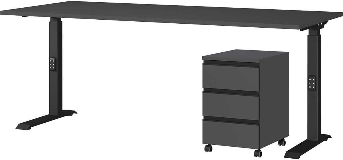 Büromöbel-Set GERMANIA "Lemont", grau (graphit), B:235cm H:120cm T:80cm, Kunststoff, Metall, Spanplatte, Arbeitsmöbel-Sets, Büromöbel-Set, Set bestehend aus höhenverstellbarem Schreibtisch und Rollcontainer