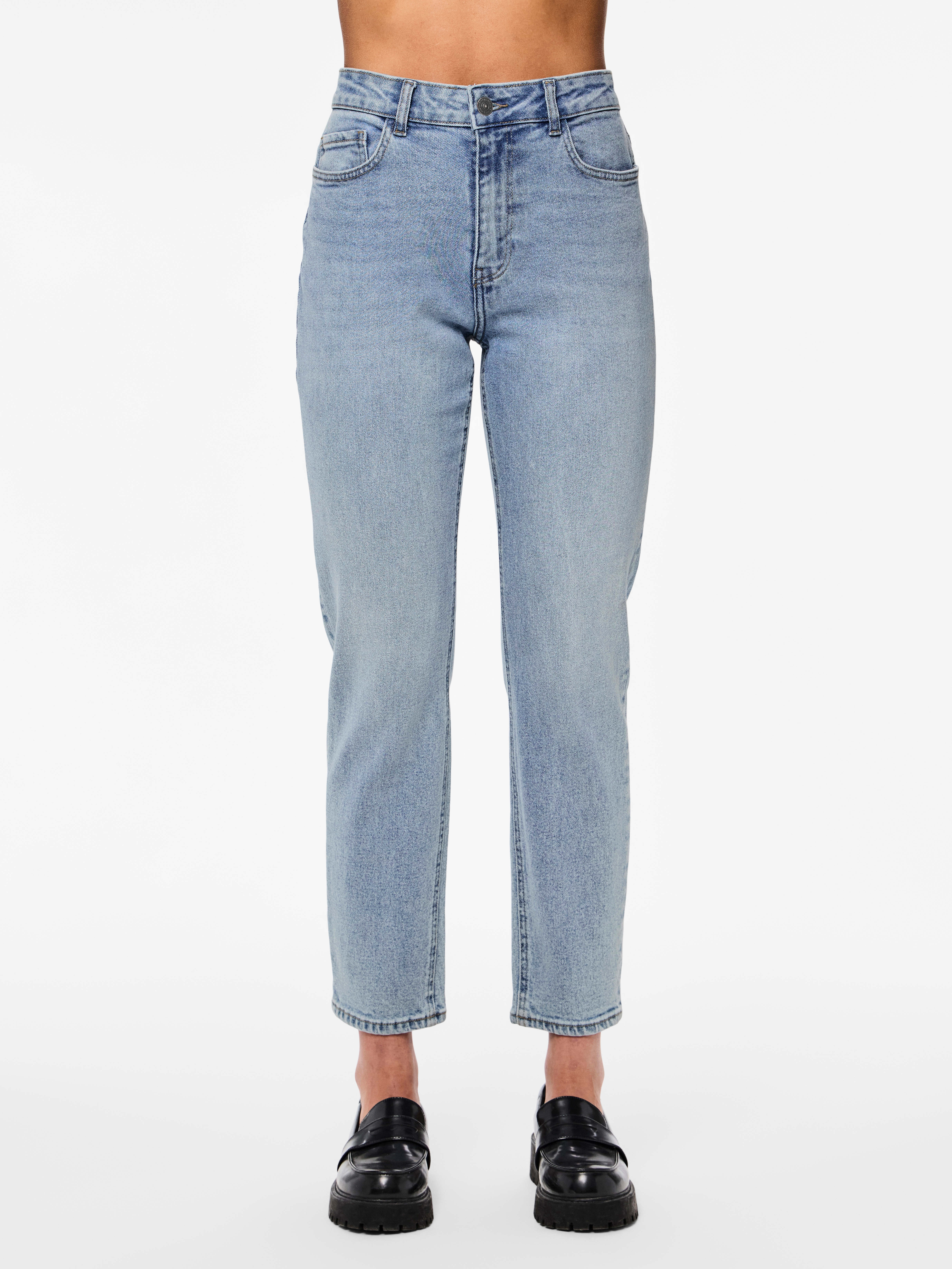 High-waist-Jeans PIECES "PCBELLA HW TAP ANK JEANS LB302 NOOS", Damen, Gr. 26, Länge 30, blau (light blau denim), Denim/Jeans, Obermaterial: 99% Baumwolle, 1% Elasthan, unifarben, knöchelfrei, Jeans High-Waist-Jeans