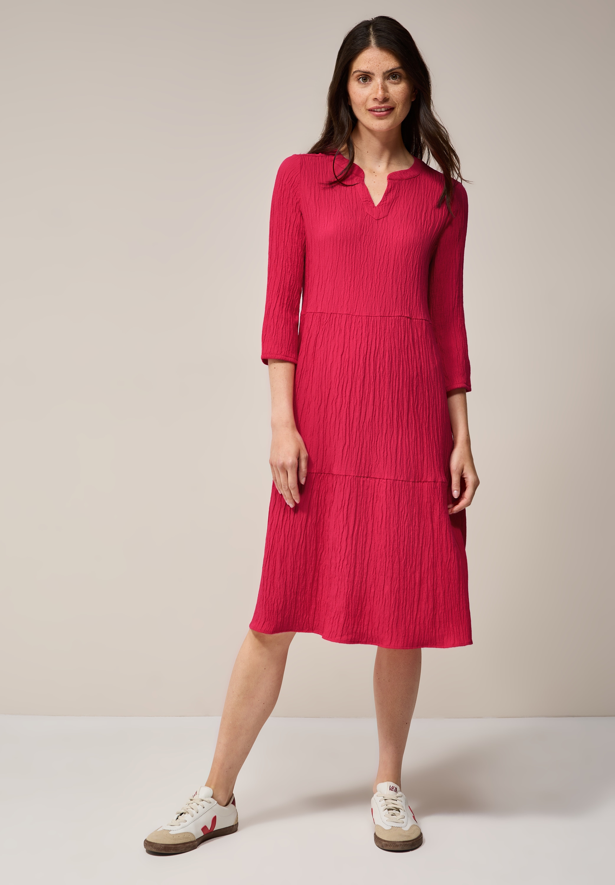 Midikleid CECIL, Damen, Gr. XS36, US-Größen, rot (glazed apple rot), Stoff, 56% Viskose, 43% Polyester, 1% Elasthan, unifarben, normal knielang, Rundhals, Bündchen, Kleider Midikleid, knielang