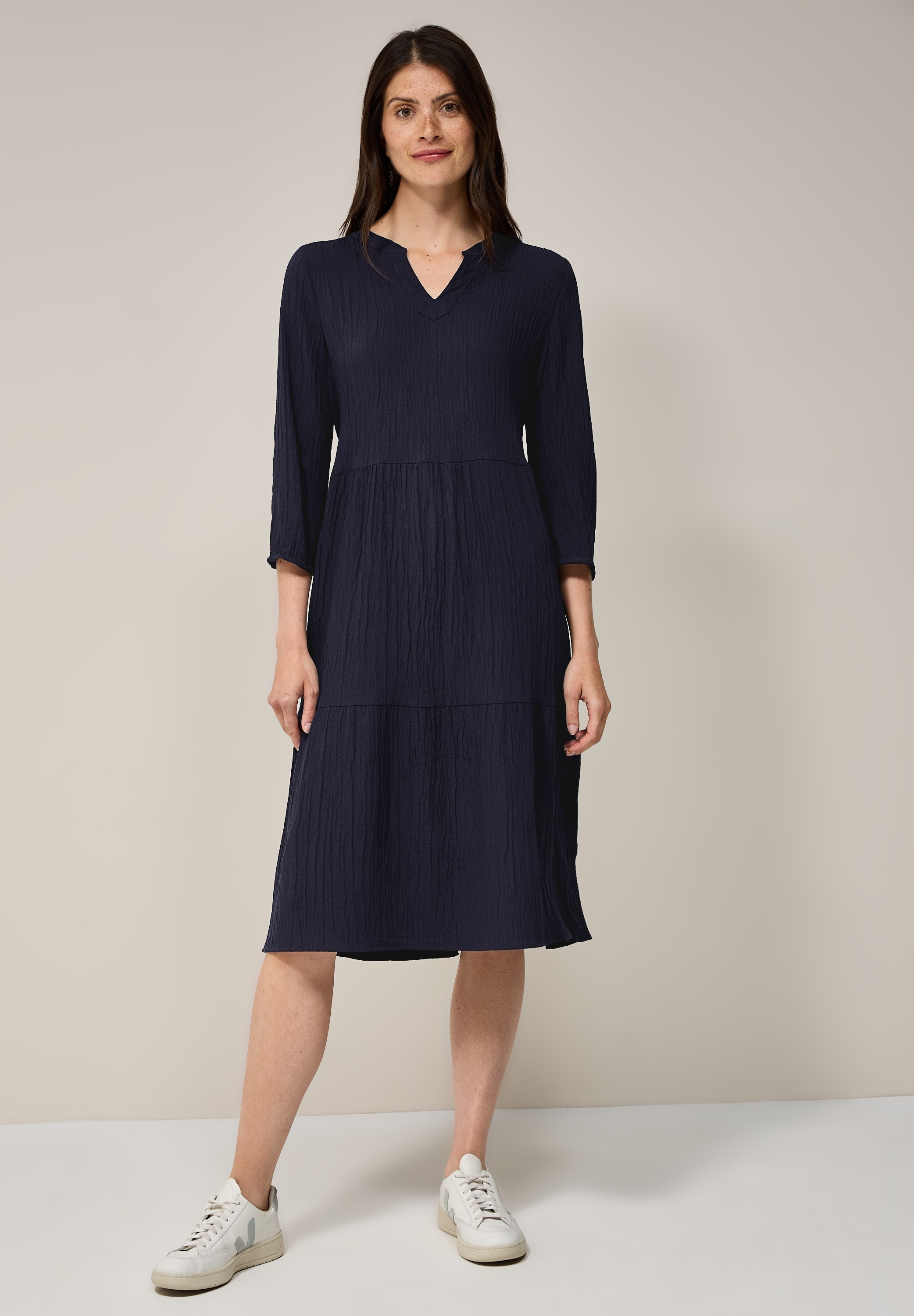 Midikleid CECIL, Damen, Gr. L42, US-Größen, blau (universal blau), Stoff, 56% Viskose, 43% Polyester, 1% Elasthan, unifarben, normal knielang, Rundhals, Bündchen, Kleider Midikleid, knielang