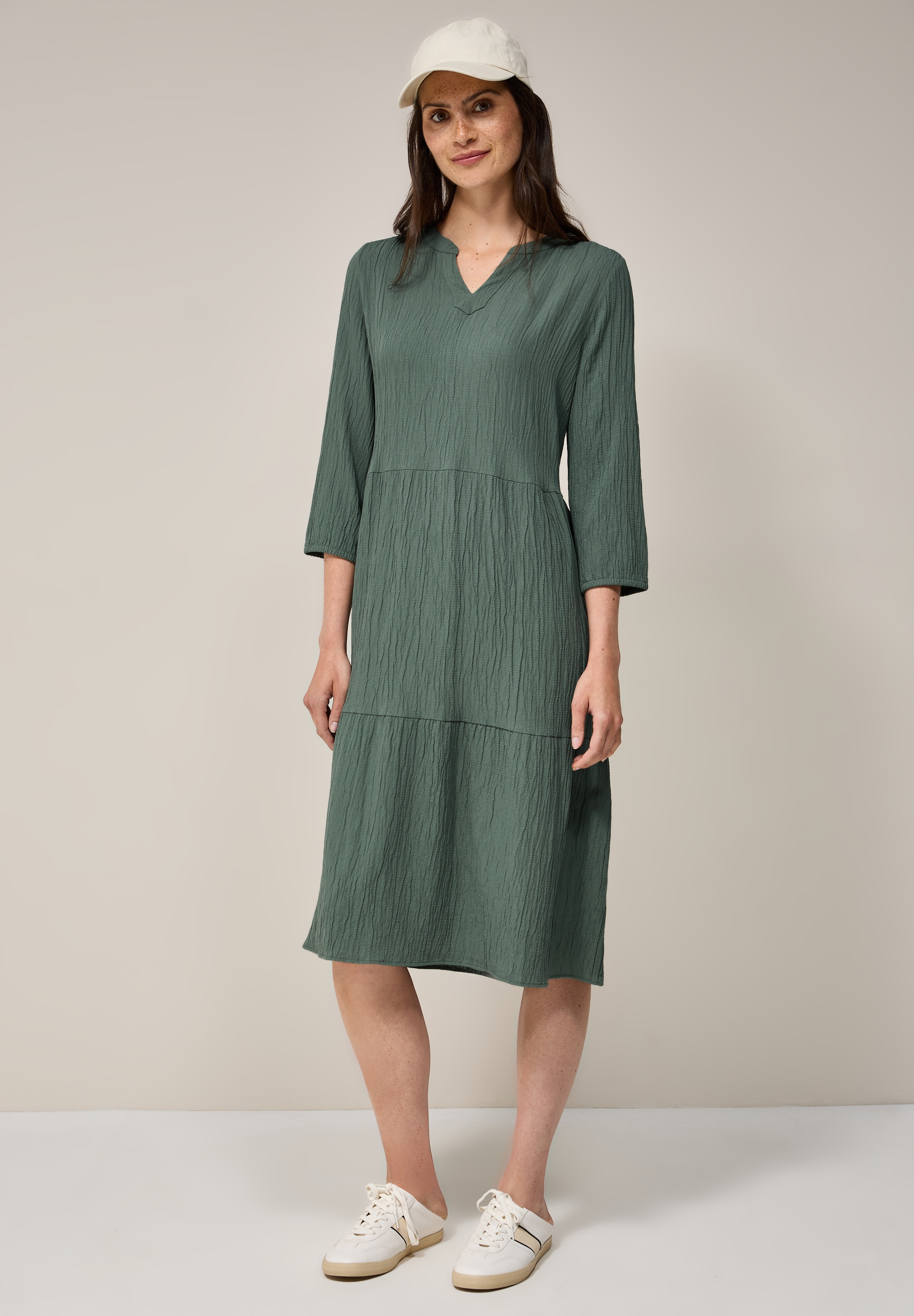 Midikleid CECIL, Damen, Gr. L42, US-Größen, grün (balmy khaki), Stoff, 56% Viskose, 43% Polyester, 1% Elasthan, unifarben, normal knielang, Rundhals, Bündchen, Kleider Midikleid, knielang