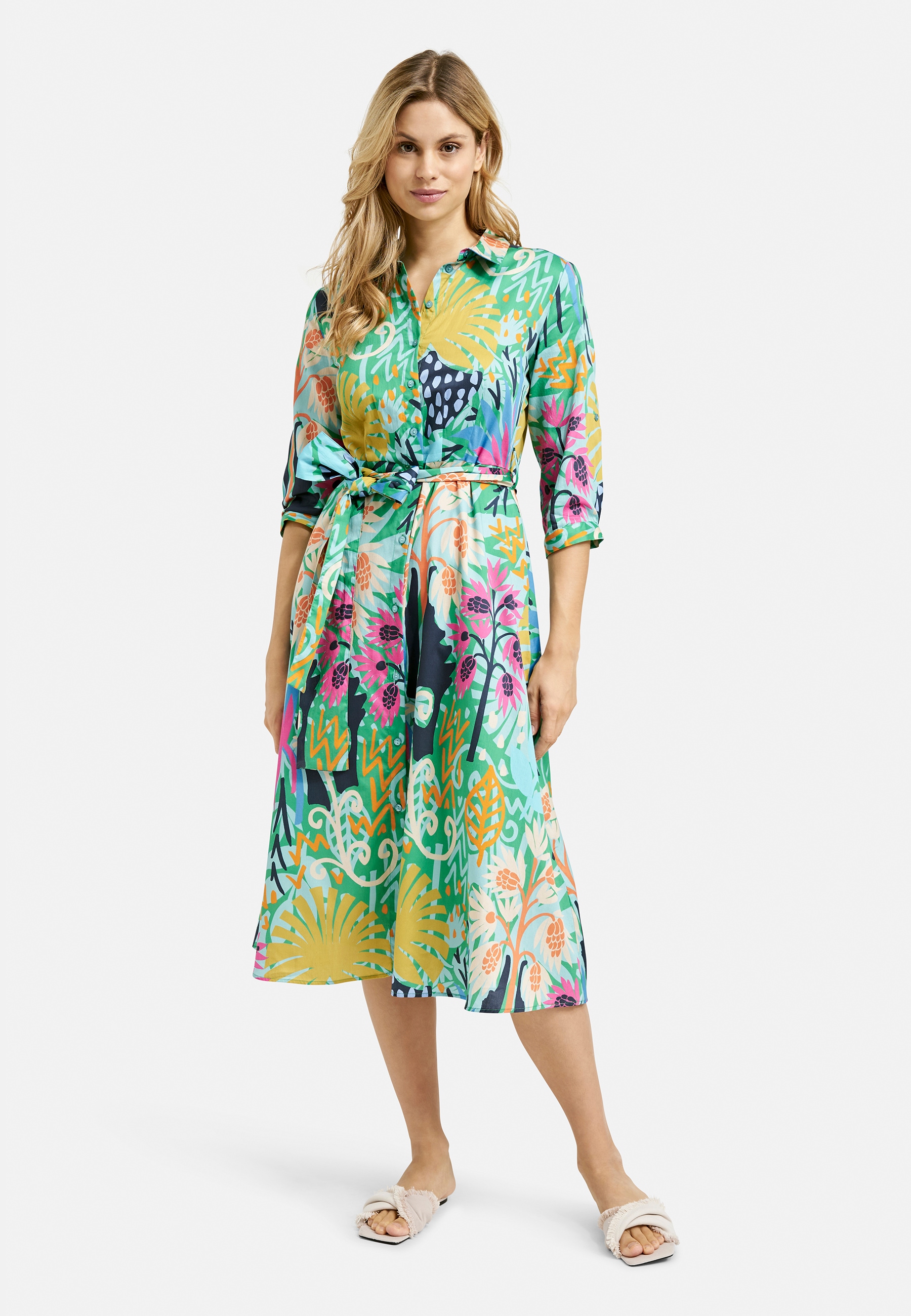 Sommerkleid MILANO ITALY, Damen, Gr. 42, Normalgrößen, bunt (colorful), Material: 100% Baumwolle, Casual, regular fit Midi, hoch geschlossener Ausschnitt, Ärmel mit Ärmelschlitz Manschette, Kleider, mit Taschen Image