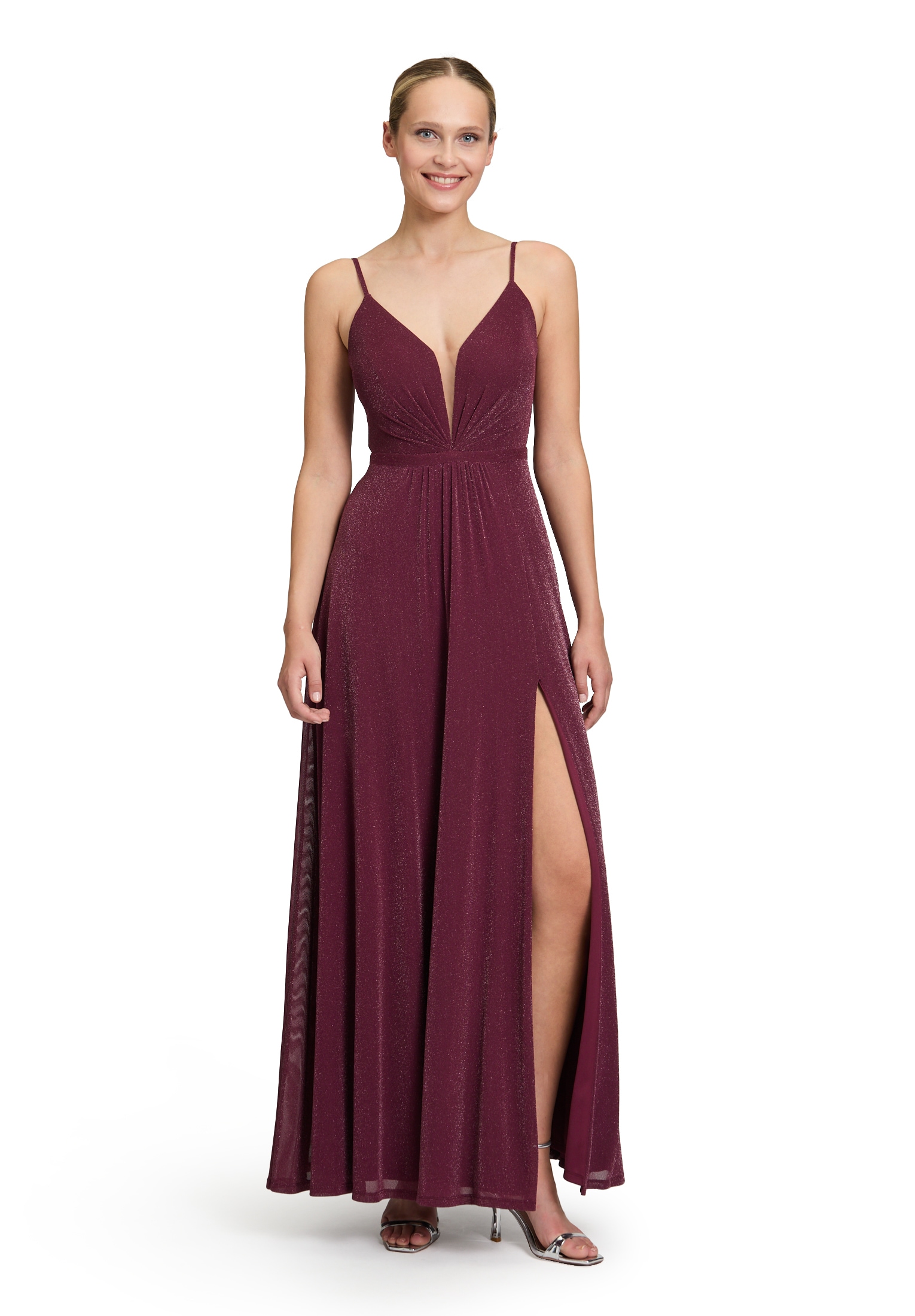 Abendkleid VERA MONT "Damen Abendkleid mit Lurexfaden", Damen, Gr. 36, Normalgrößen, rot (rot, silber), Obermaterial: 92% Polyamid, 5% Polyester metallisiert, 3% Elasthan. Besatz: 100% Polyamid. Futter: 100% Polyester., festlich, ausgestellt lang,... Image