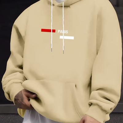 TEMU 1pc Paris Print Hoodie For Men, Polyester Fabric, Geometric Pattern, Regular Fit Pullover With Pocket, Hood - Large Size, Plus Size Image