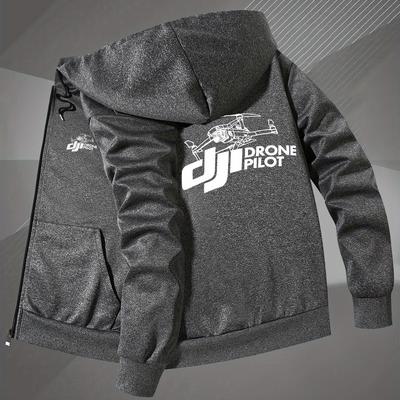 TEMU Men' Black Hoodie With Drone Pilot Print - Casual, Zip-up Jacket With Pockets, Fall & Winter, Fall Winter Jacket|hooded Jacket|zippered Jacket Image