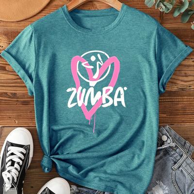 TEMU Women's Zumba Graphic T-shirt - Design With Heart & Dancer Silhouette, Polyester Blend, Round Neck Short Sleeve Tee For Workouts & Casual Wear, S-xxl Sizes, Options Image
