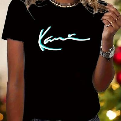 TEMU Women's Casual Short Sleeve T-shirt With Artistic 'kane' Cursive Letter Print - Round Neck Tee, Machine Washable, Sizes S-xxl, Options, Ladies T Shirts, Apparel, Nontransparent Material Image