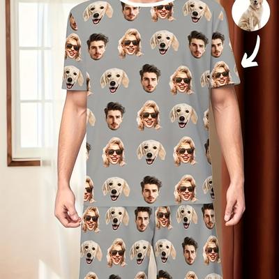 TEMU [customization ]men's Summer Pajama Set Personalized Photo Customization Fabric Soft And Breathable Round Neck T-shirt And Shorts Comfortable Pajamas Clothes Ideal Gift For Husband Or Boyfriend. Image