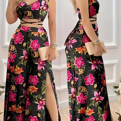 TEMU Women's Elegant Floral Print Two-piece Set - Sleeveless Crop Top With Ruched Detail & High-waisted Pants With Slit, Beach & Summer Vacations, Beach Vacation Attire|floral |polyester Fabric Image