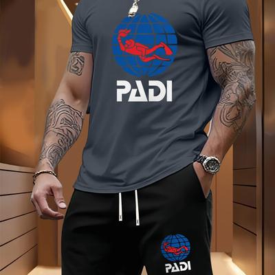 "TEMU Men's Summer T-shirt & Shorts Set - "" Diving Graphic, Casual & Trendy, Short Sleeve Tee With Drawstring Black Shorts, Casual Attire|graphic Tee|stretchy Fabric" Image