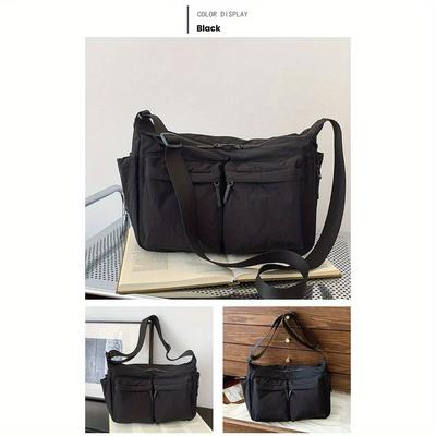 TEMU Men's Large Capacity Crossbody Bag - Black Multi-pocket Shoulder Bag For Commuting, Durable Fabric, Adjustable Strap, Multiple Compartments For Organization Image