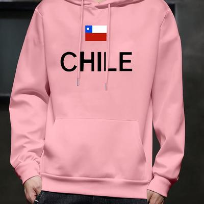 TEMU Casual Hooded Polyester Sweatshirt With Chile Flag Print - Men's Long Sleeve Pullover Hoodie With Front Pocket, Knit Fabric Stretch, Geometric Pattern, Regular Fit For Spring/fall Image