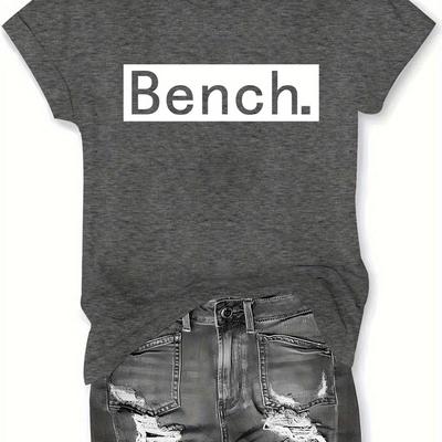 "TEMU Women's Casual Short Sleeve T-shirt - With White "bench" Letter Print, Round Neck, Medium Stretch Polyester, Machine Washable, , Relaxed , Trendy Graphic Tee, Smooth Texture Fabric" Image