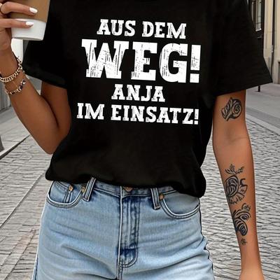 "TEMU Women's Casual "aus Dem Weg! Anja" Graphic T-shirt - Pure, Fit, Short Sleeve, Regular Length, Geometric Pattern, Versatile For" Image