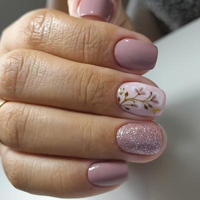 TEMU And Summer Fashion Flower Glitter Nail Art, Short Square Glossy Pink Sweet Fake Nails, Suitable For ' , 24pcs Press-on Simple Manicure. Image