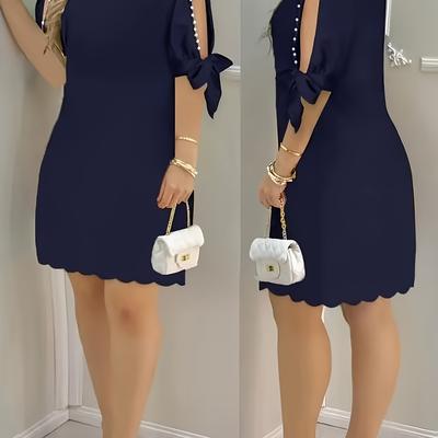 TEMU Women's Casual Green Dress With Beaded Shoulder Detail - Loose Fit, Round Neck, Short Sleeve, Polyester, Spring/summer/fall Fashion, Autumn Casual Dress | Beaded Detail Dress | Polyester Dres Image