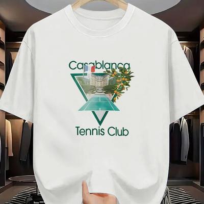 TEMU Men's Plus Size Casual Tennis Club Graphic T-shirt - Soft Cotton Short Sleeve Tee With Accents, Relaxed Fit Round Neck, Breathable & Machine Washable For Summer Leisure & Casual Attire Image