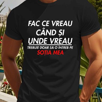 "TEMU Men's Romanian Quote Short Sleeve T-shirt - "face Ce Vreau Cand Si Under Breath" Print, Lightweight Polyester, Casual Summer Top, Round Neck, Machine Washable, Machine Washable Tee | Text Tee |" Image