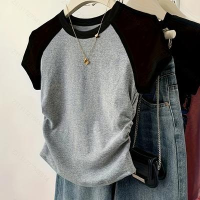 TEMU Women's Casual Crew Neck Short Sleeve T-shirt With Frill Detail, Color , Stretch Fabric - Summer Outfits, Casual Summer Wear | Frill Detail Shirt | Nontransparent Material Image