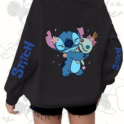 TEMU Stitch Cartoon Print Hoodie - Sweatshirt With Front Zipper, Long Sleeves, And Kangaroo Pocket For Fall/winter, Plus Size, Polyester Blend, Oversized Image