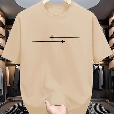 TEMU Men's Round Neck Fashion Tee With Creative Airplane Print - Breathable, Comfortable Polyester, Ideal For Sports & Outdoor Activities, Machine Washable, Summer Image