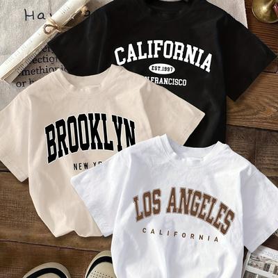 TEMU Women's 3pcs Set California Brooklyn Los Angeles Print T-shirt - Casual Round Neck Short Sleeve, Machine Washable Polyester - Perfect Spring/summer Fashion Image