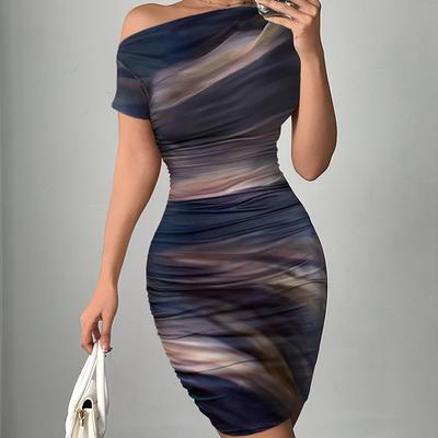 TEMU Women's Elegant Asymmetrical Neck Tie-dye Mini Dress With Short Sleeves & Ruched Detail - Stretchy Polyester Blend, Spring/summer Party & Casual Wear, Cute Dress Image