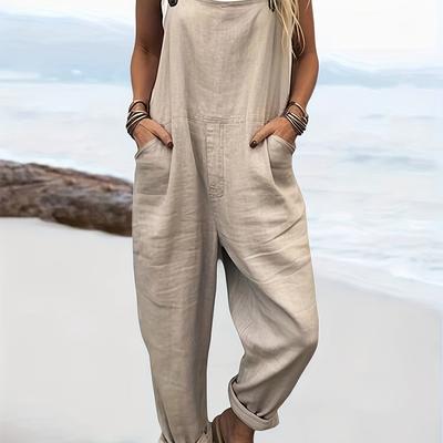 TEMU Women's Casual Loose Jumpsuit With Adjustable Straps & Pockets - Beige Sleeveless Romper, Wide-leg Design, Beach Or Summer , Beach Outfit, Relaxed Fit, Nonstretch Fabric Image
