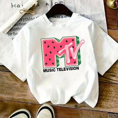 TEMU Women's Pink Watermelon Mtv Logo Short Sleeve T-shirt - Soft Round Neck Tee With Music Television Graphic, Machine Washable Top For Casual Attire Image