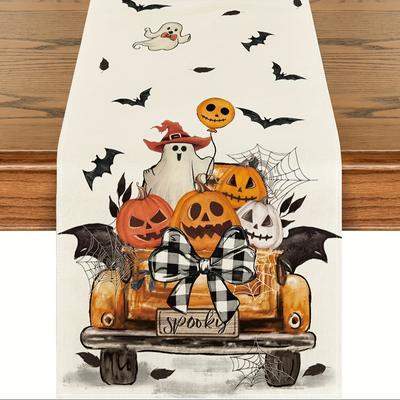 TEMU Spooky Halloween Table Runner With Jack-o'-lantern & - Orange Truck Design, , Home Party Decor - In Multiple Sizes, Kitchen Dining Table Decoration, 13 X 36, 13 X 48, 13 X 72, 13 X 90, 13 X 108 Image