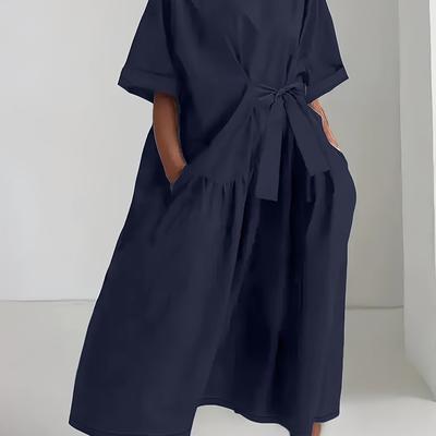 TEMU Women's Elegant Solid Color Midi Dress With Tie-waist And Double Pockets - Round Neck, Short Sleeve, , Lightweight Polyester For All , Cute Dresses Image