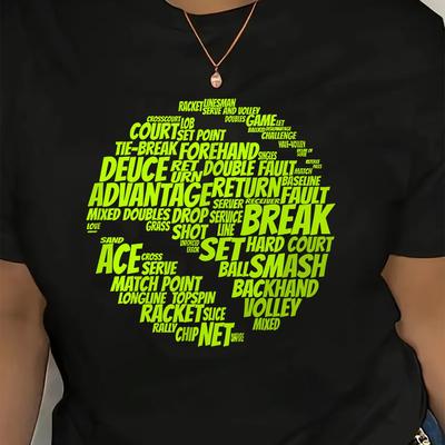 TEMU Tennis Terms Graphic T-shirt For Women - Casual Polyester Knit Fabric, Round Neck Short Sleeve, Soft & Loose Fit, Alphabet Pattern, 0xl-4xl Image