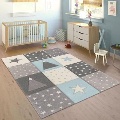 Paco Home - Kinderteppich Teppich Kinderzimmer Pastell Kariert Punkte Mond Sterne Weiß Grau Blau Image