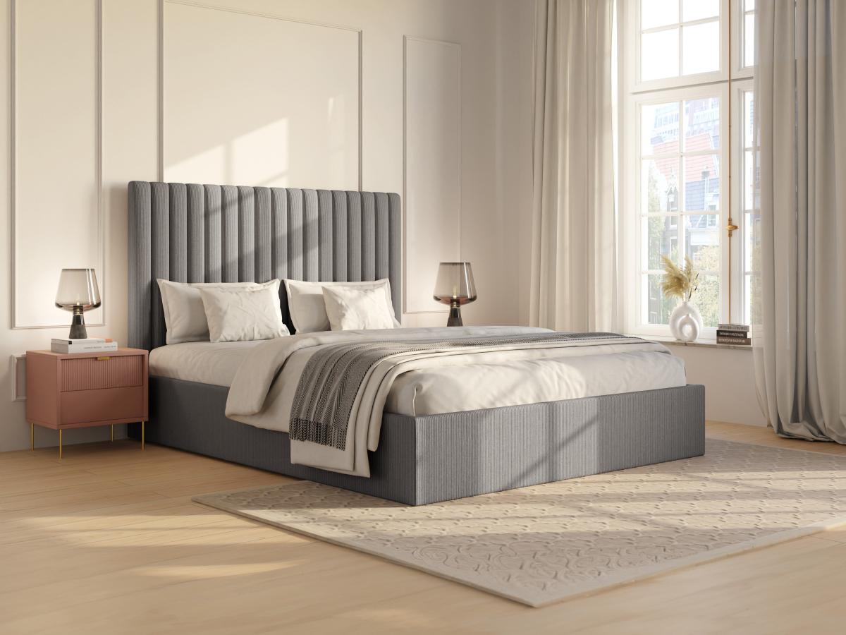 Letto con vano 160 x 200 cm con testata letto impunture verticali Velluto a coste Grigio + Materasso SARAH