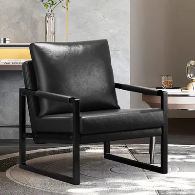 Mid Century Modern Accent Armchair, Leather Accent Chair, Living Room Accent Chair with Metal Frame