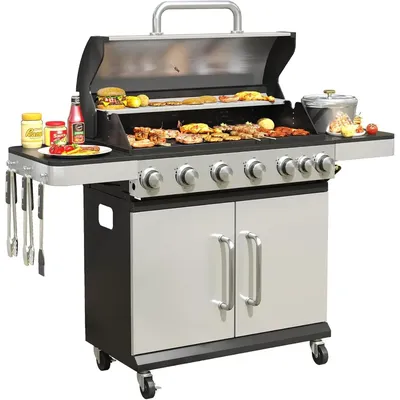 6-Burner Propane Gas BBQ Grill with Side Burner and Porcelain-Enameled Cast Iron Grates, 65500 BTU