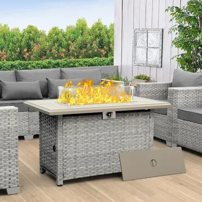 Outdoor Propane Fire Pit, with Glass Wind Guard, Fire Glass, and Waterproof Cover,43 Inch PE Wicker