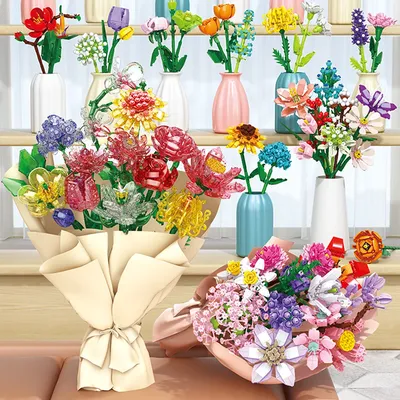 MOC Pfingstrose Sonnenblumen Blumenstrauß Bausteine Set Nelken Rose Lilie Topfpflanze Geburtstag Image
