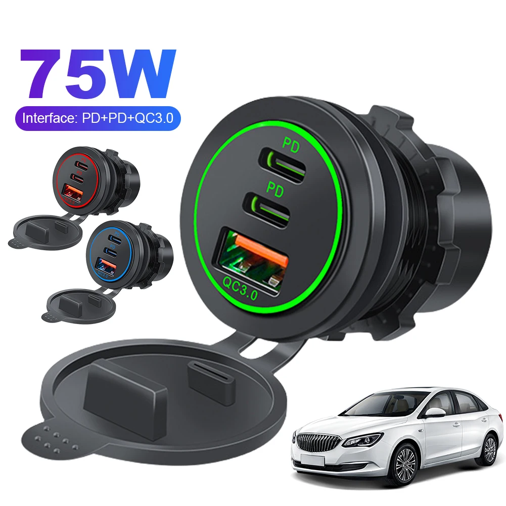 12V-24V Steckdose Wasserdichte Autoladebuchse 3 Ports PD Typ C QC 3.0 Schnellladeadapter USB-Steckdose für Auto RV Marine Image