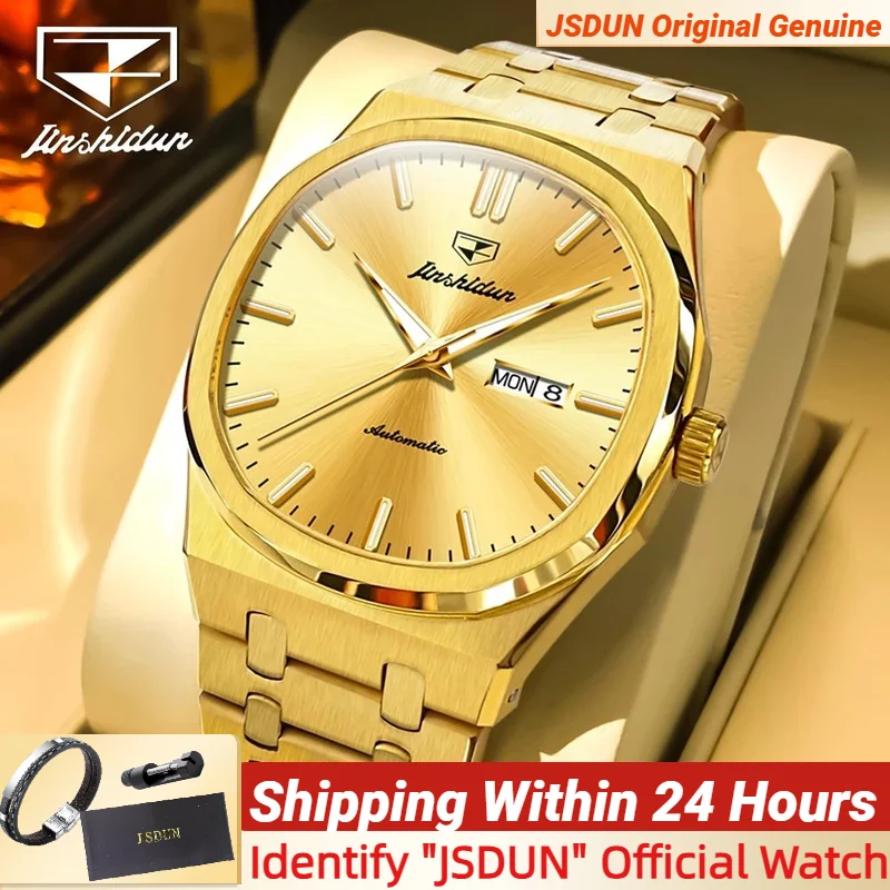 JSDUN 8966 Vollgold-Uhr für Herren, automatische mechanische Dual-Kalenderanzeige, wasserdichte Nachtlicht-Mann-Armbanduhr Image