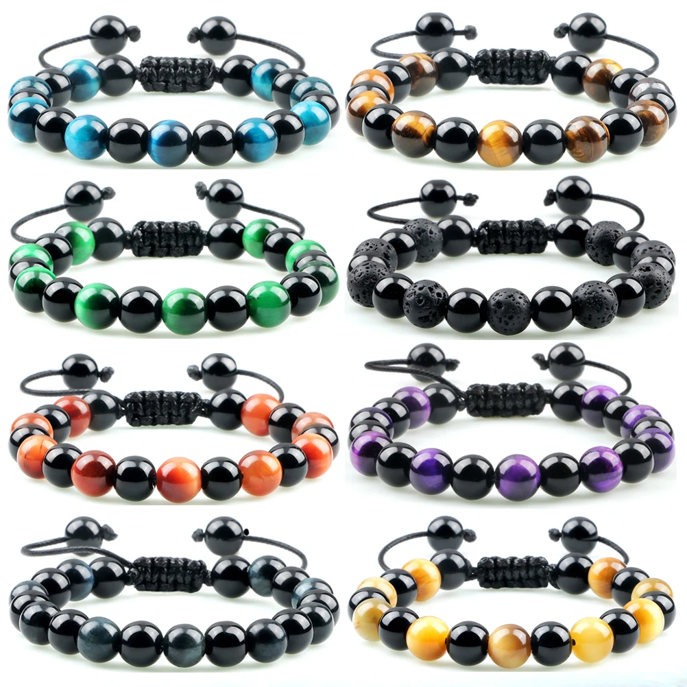 Mode Blau Tigerauge Stein Perlen Armbänder Männer Natürliche Schwarz Onyx Stein Einstellbare Charme Armbänder Frauen Yoga Energie Schmuck Image