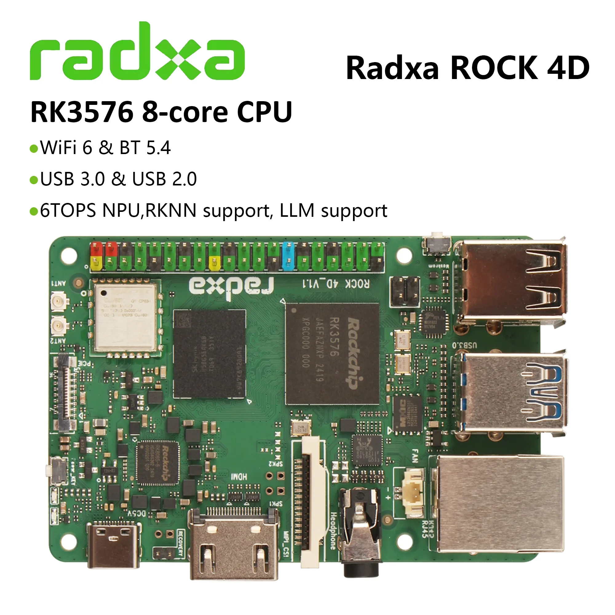 Radxa ROCK 4D RK3576 8-Core-CPU SBC, entworfen für industrielle Al und Edge, 6TOPS, NPU RKNN-Unterstützung, LLM-Unterstützung Image