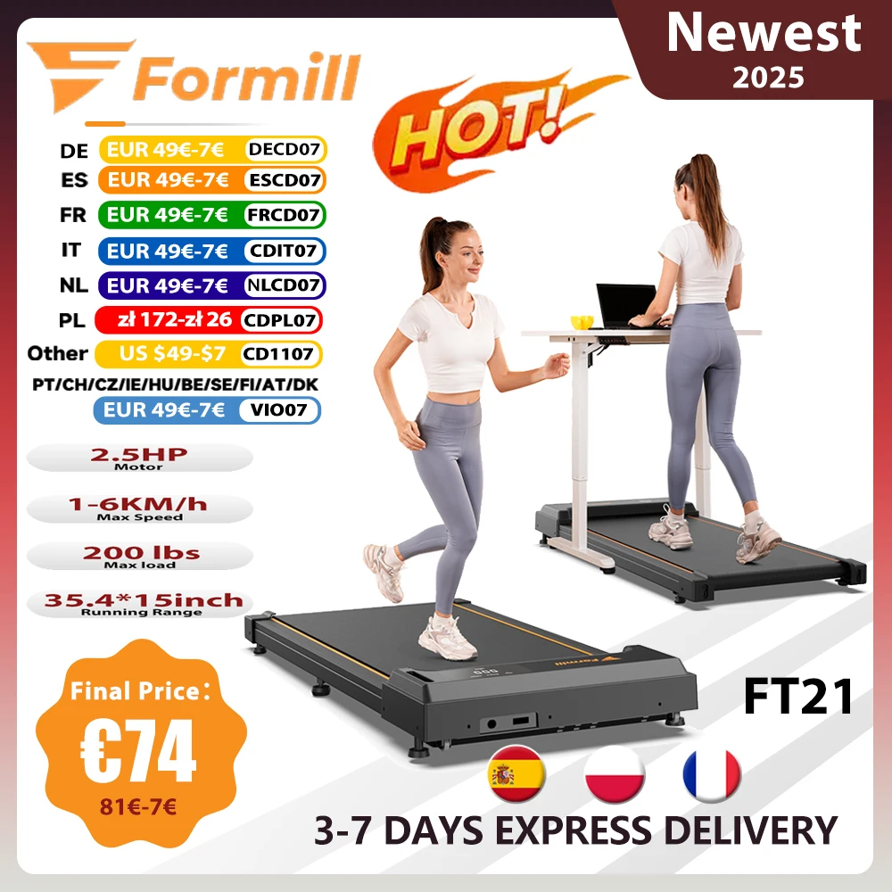 Formill ft21 flaches Laufband, 2,5 PS Motor, 1-6 km/h Geschwindigkeit, rutsch feste Stoß dämpfung, Mini-Laufband für das Home Office Image